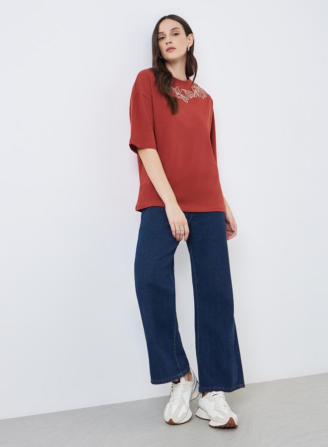 Styli Women Red Embroidered Oversized T-Shirt - Image 2